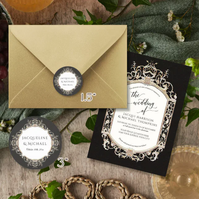 Floral Elegant Vintage Black n White Gold Wedding Classic Round Sticker ...