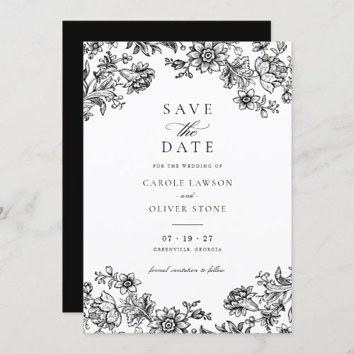Floral Elegant Vintage Black White Save the Date Invitation
