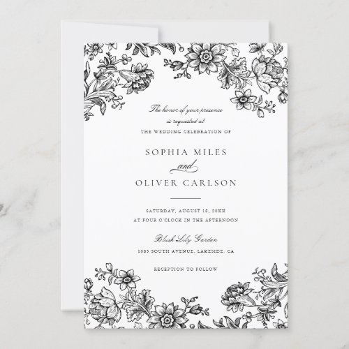 Floral Elegant Vintage Black White Wedding Invitation
