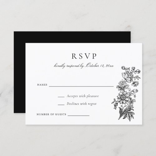 Floral Elegant Vintage Black White Wedding RSVP Invitation