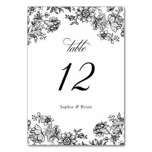 Floral Elegant Vintage Black White Wedding Table Number
