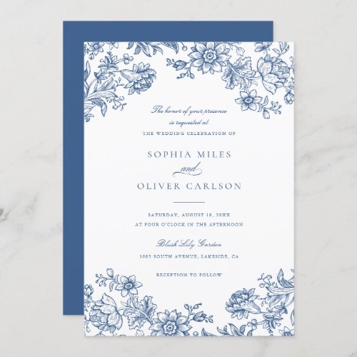 Floral Elegant Vintage Blue Wedding Invitation