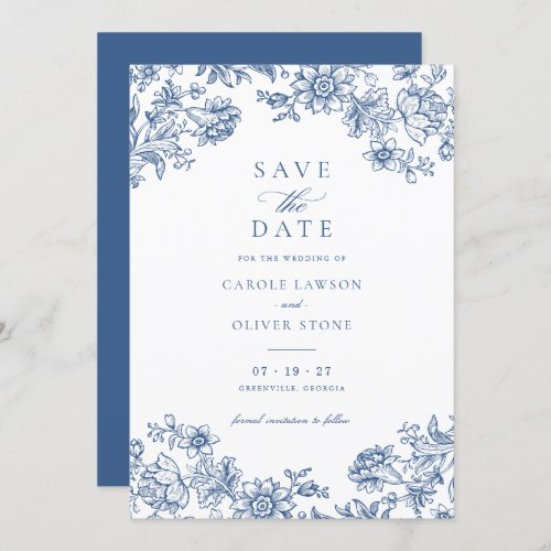 Floral Elegant Vintage Blue Wedding Save the Date Invitation