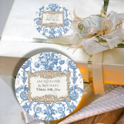Floral Elegant Vintage Blue White Gold Bridal Classic Round Sticker