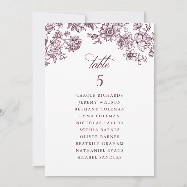 Floral Elegant Vintage Burgundy Seating Chart Card (Back)