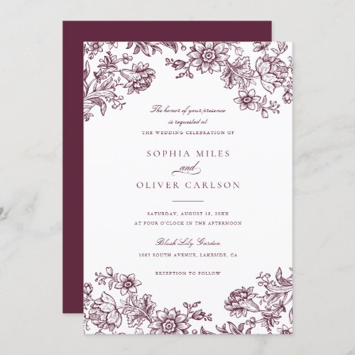Floral Elegant Vintage Burgundy Wedding Invitation