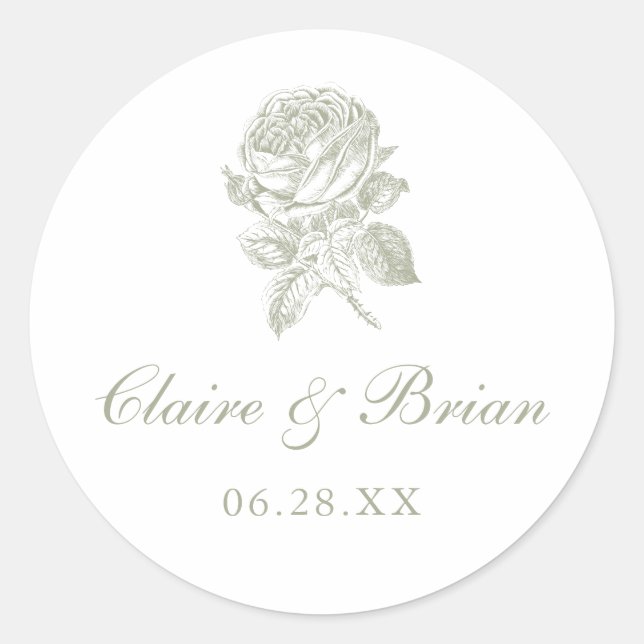 Floral Elegant Vintage French Roses Sage Wedding Classic Round Sticker (Front)