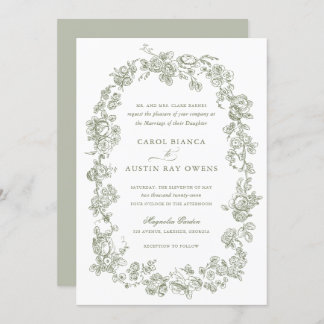 Floral Elegant Vintage French Sage Roses Wedding Invitation