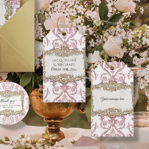 Floral Elegant Vintage Pink and White Gold Bridal Gift Tags