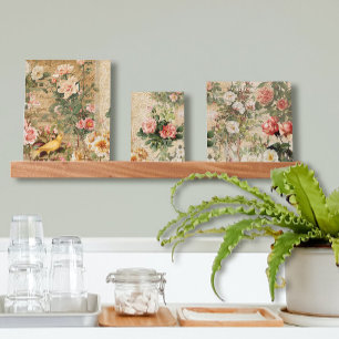 Floral Elegant Vintage Pink Roses Botanical Birds  Picture Ledge