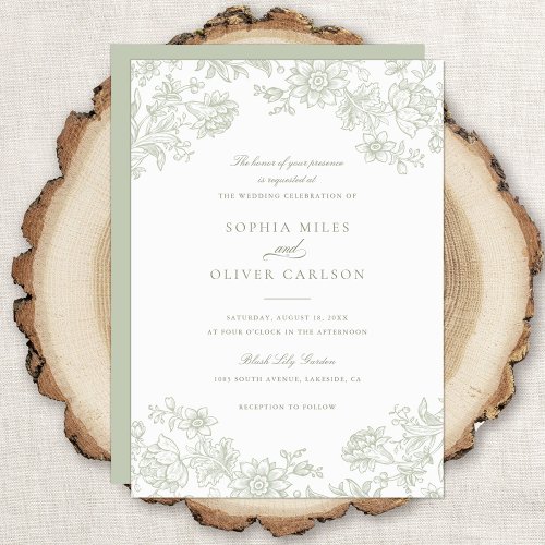 Floral Elegant Vintage Sage Green Wedding Invitation
