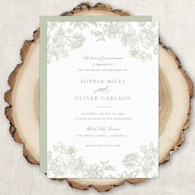 Floral Elegant Vintage Sage Green Wedding Invitation | Zazzle