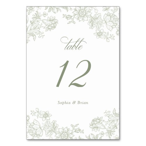 Floral Elegant Vintage Sage Green Wedding Table Number