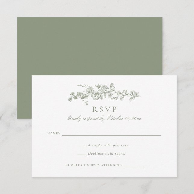 Floral Elegant Vintage Sage Toile Wedding RSVP Invitation (Front/Back)