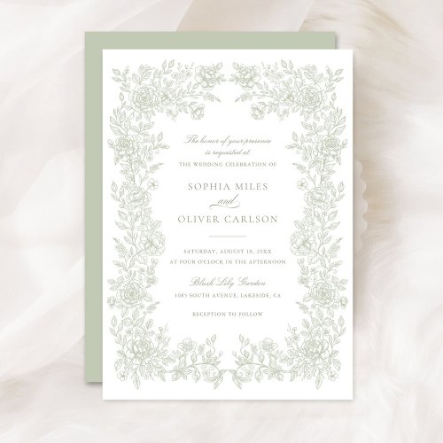 Floral Elegant Vintage Sage Wedding Invitation