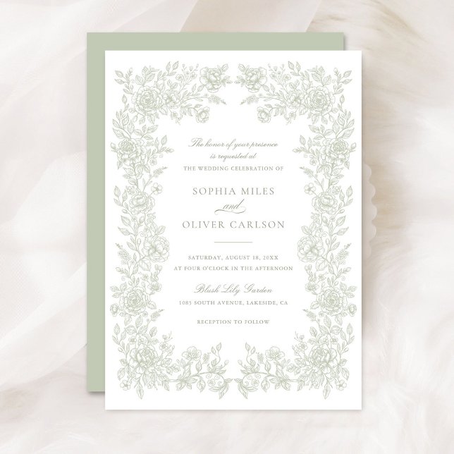 Floral Elegant Vintage Sage Wedding Invitation (Creator Uploaded)