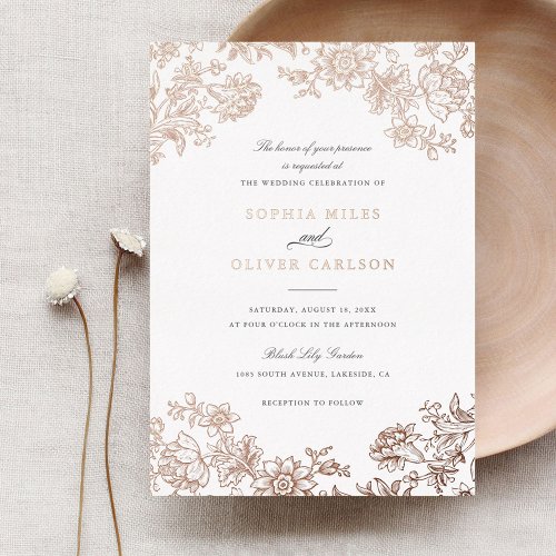 Floral Elegant Vintage Wedding Rose Gold Foil Invitation
