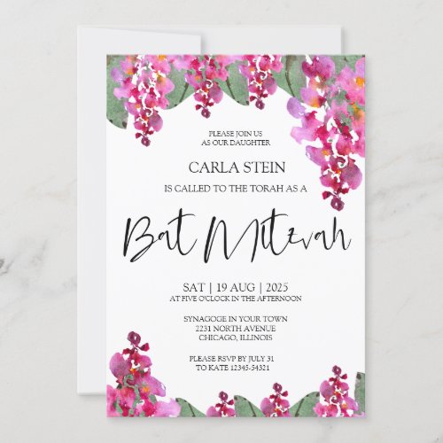 Floral Elegant Watercolor Bat Mitzvah Invitation