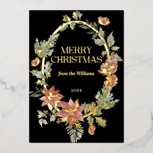Floral Elegant Watercolor Black Merry Christmas Foil Holiday Card