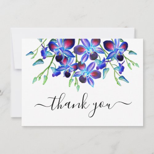 Floral Elegant Watercolor Blue Orchids Script Thank You Card