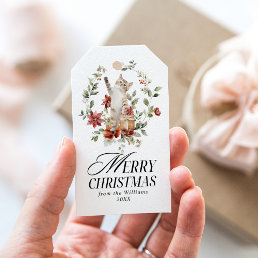 Floral Elegant Watercolor Cat Merry Christmas  Gift Tags