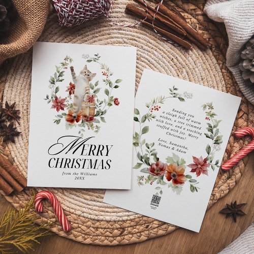 Floral Elegant Watercolor Cat Merry Christmas  Holiday Card