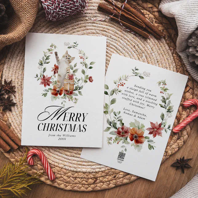 Floral Elegant Watercolor Cat Merry Christmas Holiday Card
