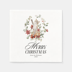 Floral Elegant Watercolor Cat Merry Christmas Napkins