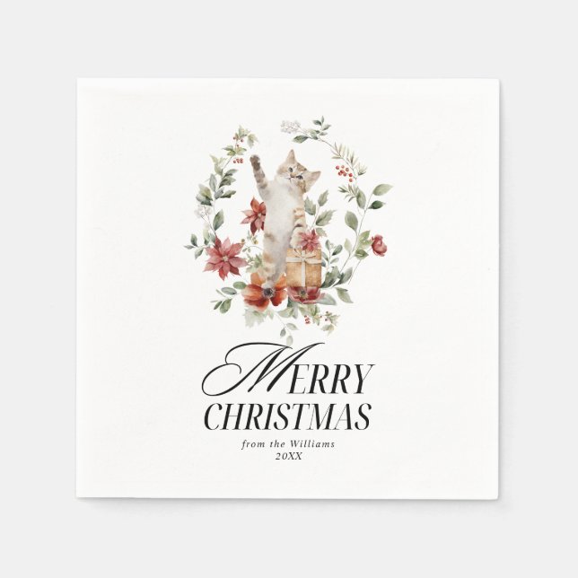 Floral Elegant Watercolor Cat Merry Christmas  Napkins (Front)
