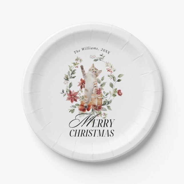 Floral Elegant Watercolor Cat Merry Christmas  Paper Plates (Front)