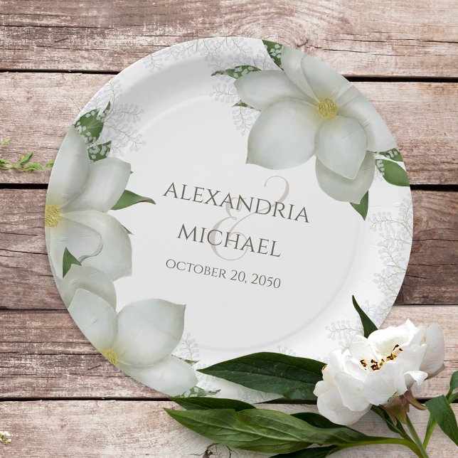 Floral Elegant Watercolor Magnolia Flower Blooms Paper Plates (Creator Uploaded)