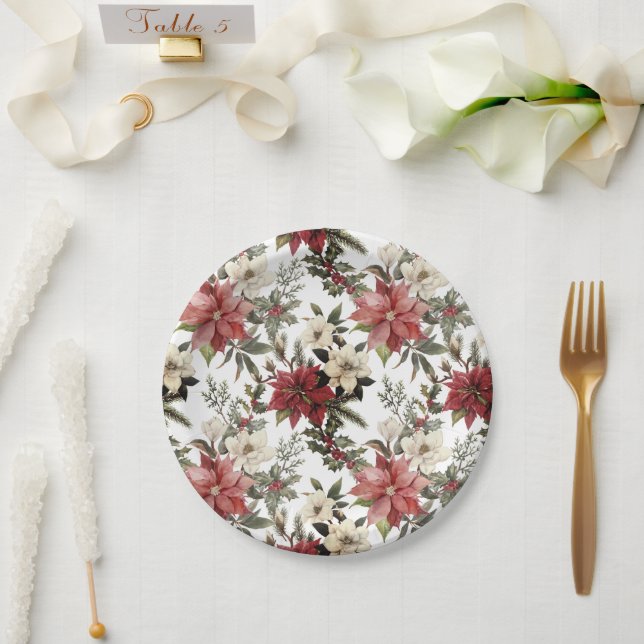 Floral Elegant Watercolor Merry Christmas Paper Plates (Wedding)