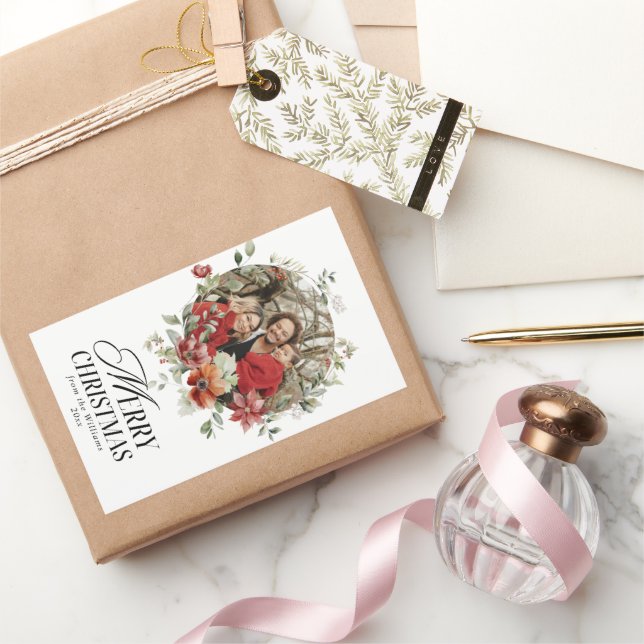 Floral Elegant Watercolor Merry Christmas Photo Rectangular Sticker (Gifting)