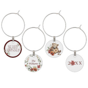 Floral Elegant Watercolor Merry Christmas Photo Wine Charm