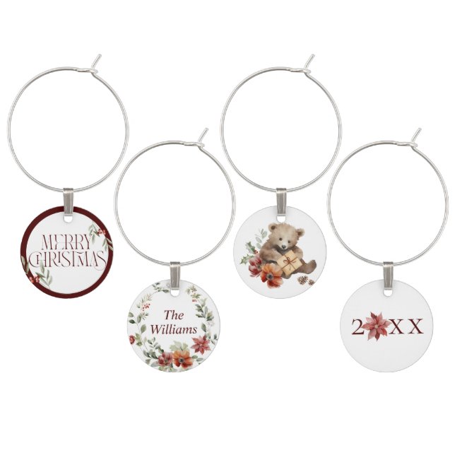 Floral Elegant Watercolor Merry Christmas Photo Wine Charm (Staggered)