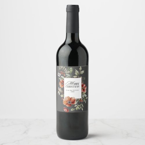 Floral Elegant Watercolor Merry Christmas Wishes Wine Label