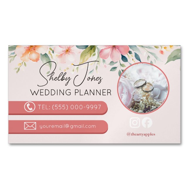 floral Elegant Wedding Planner small business Business Card Magnet (Front)