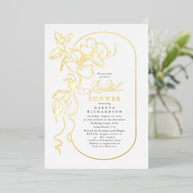 Floral Elegant White Bridal Shower Gold Foil Invitation (Standing Front)