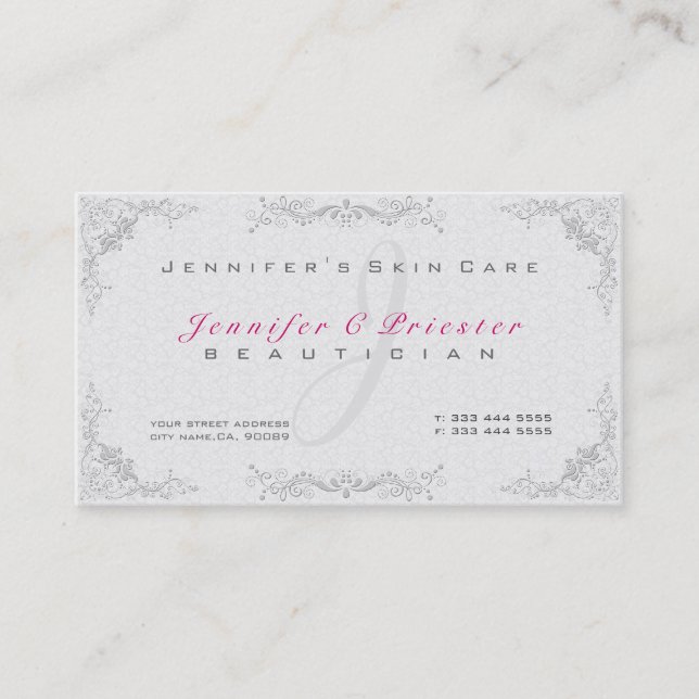 Floral Elegant White Damasks & Gray Frame Business Card (Front)