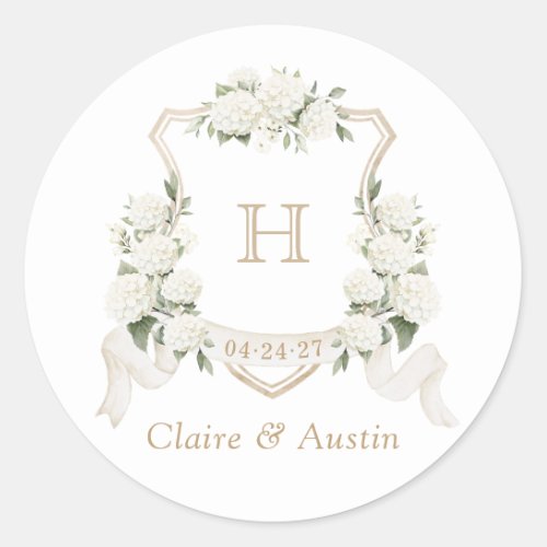 Floral Elegant White Hydrangea Crest Envelope Classic Round Sticker