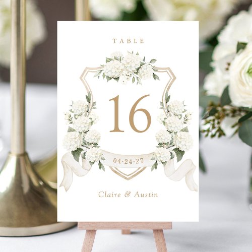 Floral Elegant White Hydrangea Crest Table Number