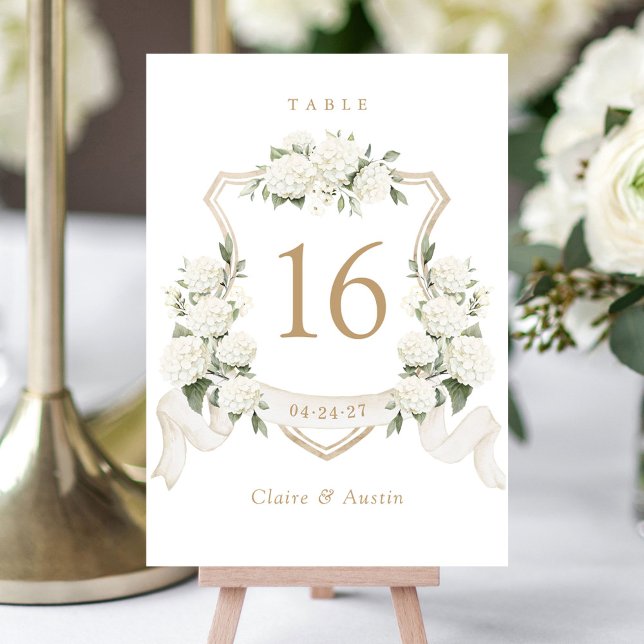 Floral Elegant White Hydrangea Crest Table Number (Creator Uploaded)