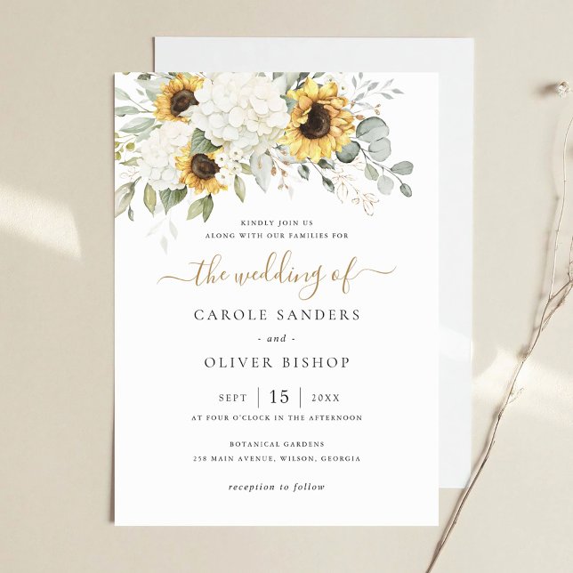 Floral Elegant White Hydrangea Sunflowers Wedding Invitation (Creator Uploaded)