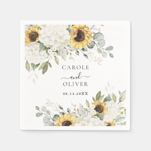 Floral Elegant White Hydrangea Sunflowers Wedding Napkins