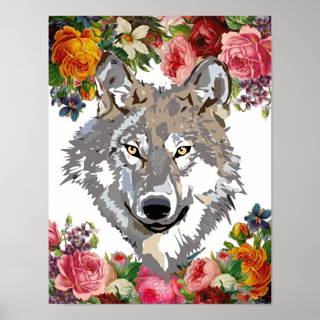 Floral Elegant Wolf Small Wall Art Poster (Front)