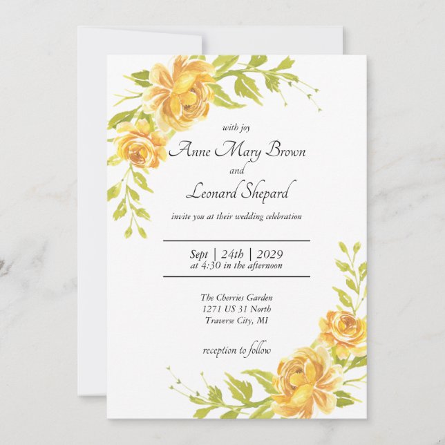 Floral, Elegant Yellow and Orange Roses Wedding   Invitation (Front)