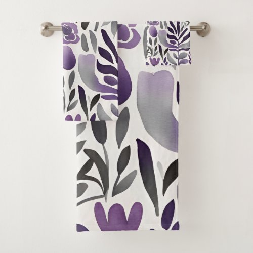 Floral Elements in Purple  Bath Towel Set