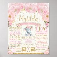 Floral Elephant 1st Birthday Milestone Birth Stats Poster