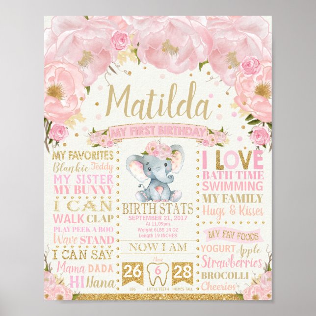 Floral Elephant 1st Birthday Milestone Birth Stats Poster (Front)