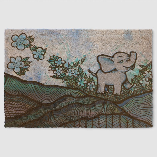 Floral Elephant Art                                Fiber Doormat (Front)